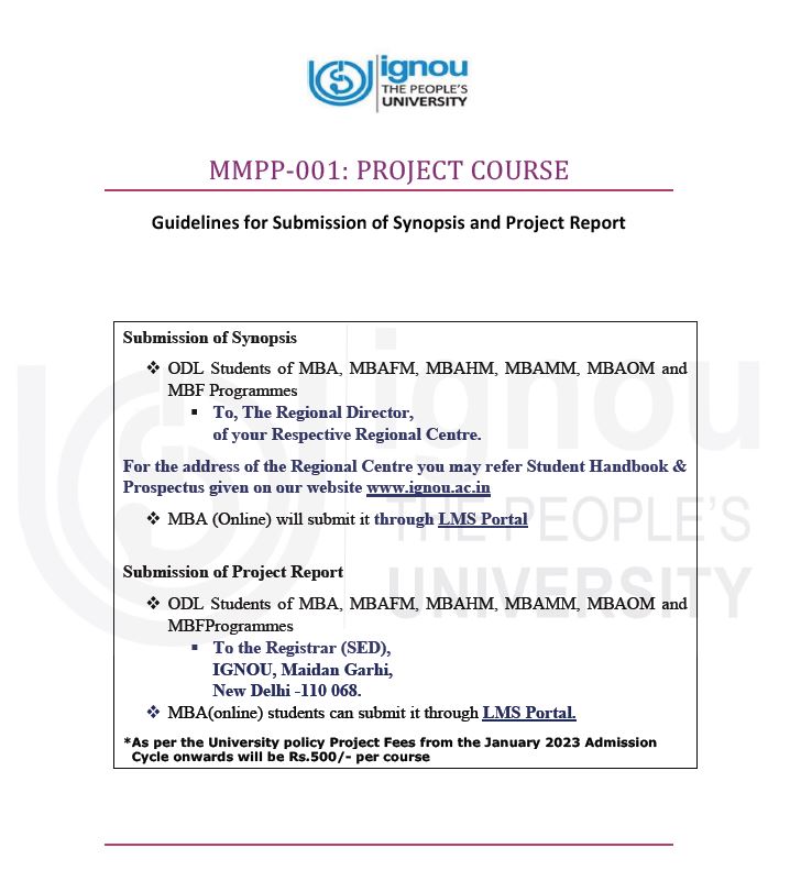IGNOU MBA Project Guidelines (MMPP 001) 